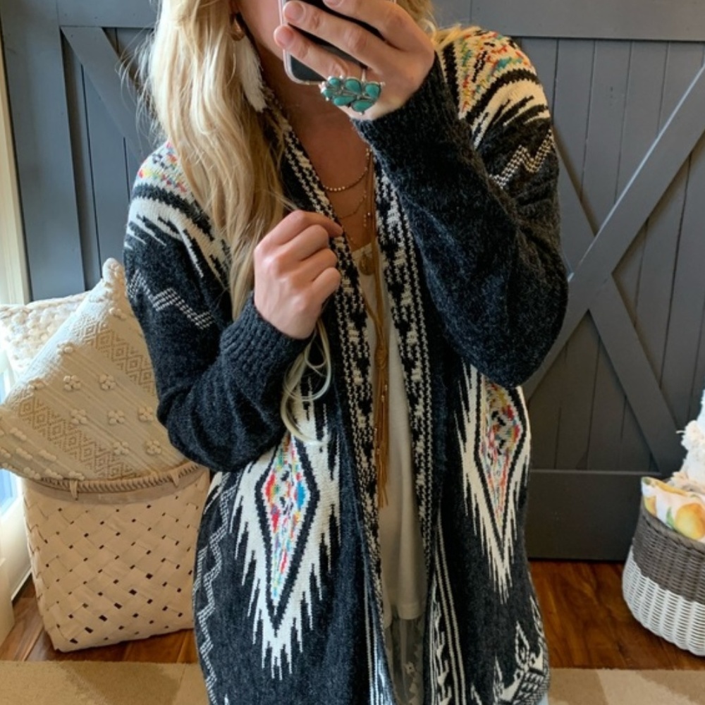 New Native Print Cowichan Blanket Cardigan Sweater